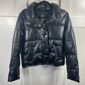 Hollister Faux Leather Puffer Jacket Black Quilted Zip Up Stand‎ Collar Womens M